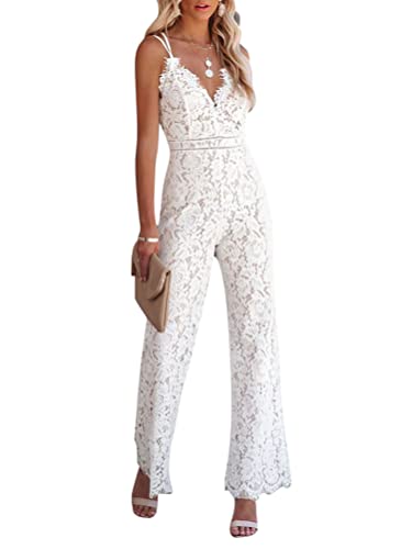 Minetom Jumpsuit Damen Blumen Spitze V-Ausschnitt Ärmelloser Lang Jumpsuit Langarm Overall Cocktail Party Festlich Hosenanzug Playsuit Romper Für Hochzeit A Weiß L von Minetom