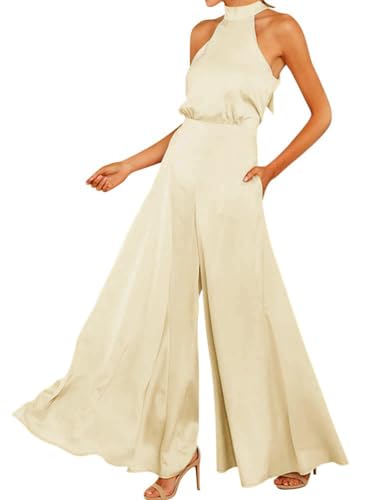 Minetom Jumpsuit Damen Elegant Einfarbig Playsuit Neckholder Ärmellose Cocktail Party Overalls Lang Romper Hose mit Weitem Bein D Beige XS von Minetom