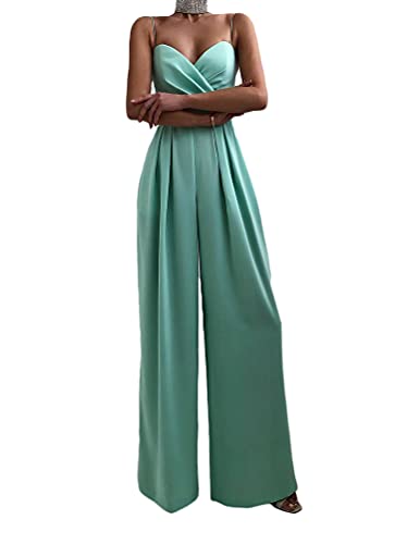 Minetom Jumpsuit Damen Elegant Einfarbig Playsuit V-Ausschnitt Ärmellose Hosenanzug Cocktail Party Overalls Lang Romper B Grün XXL von Minetom