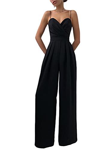 Minetom Jumpsuit Damen Elegant Einfarbig Playsuit V-Ausschnitt Ärmellose Hosenanzug Cocktail Party Overalls Lang Romper B Schwarz S von Minetom