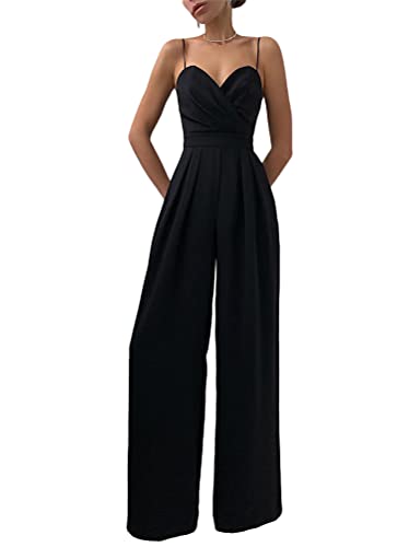 Minetom Jumpsuit Damen Elegant Einfarbig Playsuit V-Ausschnitt Ärmellose Hosenanzug Cocktail Party Overalls Lang Romper B Schwarz XL von Minetom