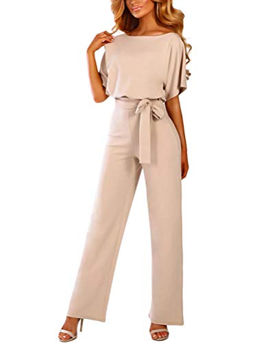 Minetom Jumpsuit Damen Sommer Kurze Ärmel Elegant Playsuit Party Strand Lange Hosen Overall Romper mit Gürtel Beige DE 34 von Minetom