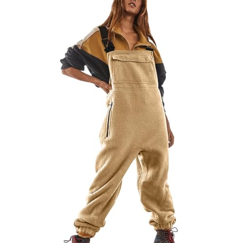 Minetom Jumpsuits Für Damen Lässiger Latzhose Arbeitshose Fleece Warme Overalls Winter Latzhosen Mit Taschen Retro Haremshose Verstellbare Riemen A Aprikose M von Minetom