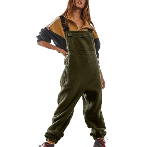 Minetom Jumpsuits Für Damen Lässiger Latzhose Arbeitshose Fleece Warme Overalls Winter Latzhosen Mit Taschen Retro Haremshose Verstellbare Riemen A Armee Grün L von Minetom