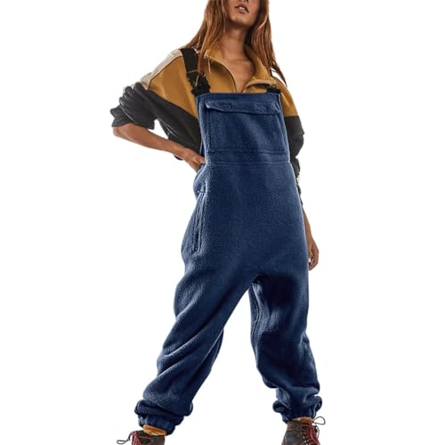 Minetom Jumpsuits Für Damen Lässiger Latzhose Arbeitshose Fleece Warme Overalls Winter Latzhosen Mit Taschen Retro Haremshose Verstellbare Riemen A Blau XXL von Minetom