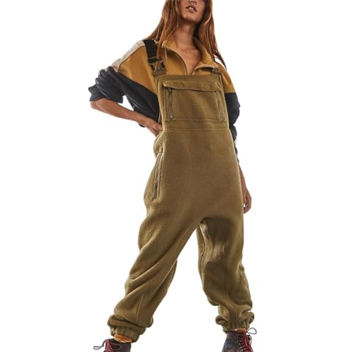 Minetom Jumpsuits Für Damen Lässiger Latzhose Arbeitshose Fleece Warme Overalls Winter Latzhosen Mit Taschen Retro Haremshose Verstellbare Riemen A Khaki XXL von Minetom
