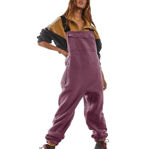 Minetom Jumpsuits Für Damen Lässiger Latzhose Arbeitshose Fleece Warme Overalls Winter Latzhosen Mit Taschen Retro Haremshose Verstellbare Riemen A Violett XXL von Minetom