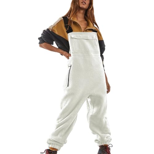 Minetom Jumpsuits Für Damen Lässiger Latzhose Arbeitshose Fleece Warme Overalls Winter Latzhosen Mit Taschen Retro Haremshose Verstellbare Riemen A Weiß L von Minetom