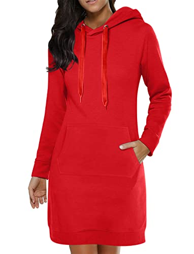 Minetom Kapuzenpullover Damen Hoodie Kleid Oversize Sweatkleid mit Kapuze Sweatshirtkleid Lang Maxi Winter Herbst Mini Kleider Langarm Lange Kapuzenpulli Jumper Pulli Kleider B Rot L von Minetom