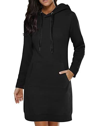 Minetom Kapuzenpullover Damen Hoodie Kleid Oversize Sweatkleid mit Kapuze Sweatshirtkleid Lang Maxi Winter Herbst Mini Kleider Langarm Lange Kapuzenpulli Jumper Pulli Kleider B Schwarz L von Minetom