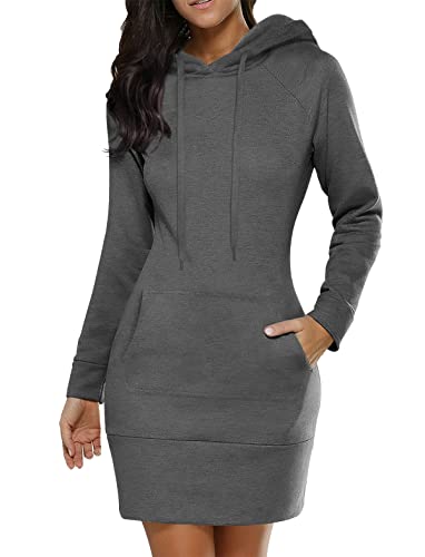 Minetom Kapuzenpullover Damen Hoodie Kleid Oversize Sweatkleid mit Kapuze Sweatshirtkleid Lang Maxi Winter Herbst Mini Kleider Langarm Lange Kapuzenpulli Jumper Pulli Kleider C Dunkelgrau XXL von Minetom