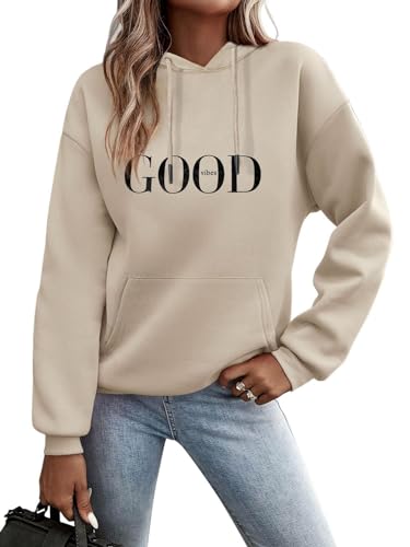 Minetom Kapuzenpullover Damen Hoodie Sweatshirt mit Kapuze Langarmshirt Pulli Oberteile Herbst Winter Frauen Briefe Drucken Freizeit Sport Fitness Outdoor Casual Style D Beige M von Minetom