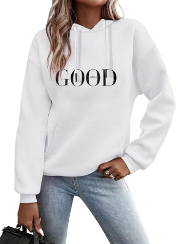 Minetom Kapuzenpullover Damen Hoodie Sweatshirt mit Kapuze Langarmshirt Pulli Oberteile Herbst Winter Frauen Briefe Drucken Freizeit Sport Fitness Outdoor Casual Style D Weiß L von Minetom