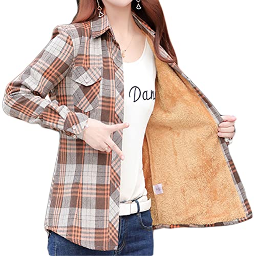 Minetom Kariert Hemd Damen Samt Warm Plaid Herbst Winter Langarm Jacke Gefüttert Plüsch Blusenshirt Hemdbluse Knöpfen Blusen Oberteil Stil M Khaki 42 von Minetom