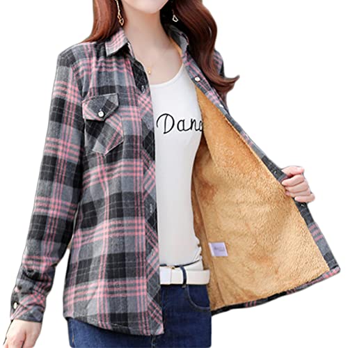 Minetom Kariert Hemd Damen Samt Warm Plaid Herbst Winter Langarm Jacke Gefüttert Plüsch Blusenshirt Hemdbluse Knöpfen Blusen Oberteil Stil N Rosa 36 von Minetom