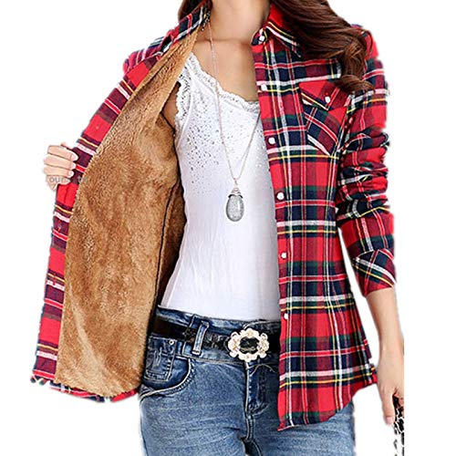 Minetom Kariert Hemd Damen Samt Warm Plaid Herbst Winter Langarm Jacke Gefüttert Plüsch Blusenshirt Hemdbluse Knöpfen Karo Blusen Stil B 36 von Minetom
