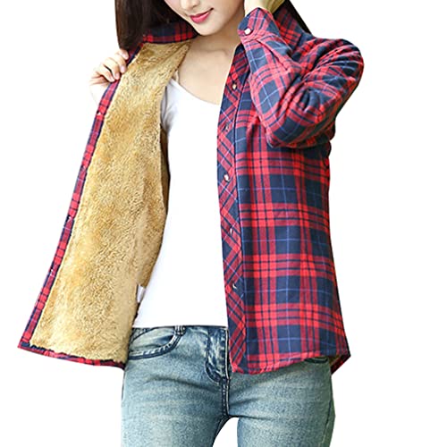 Minetom Kariert Hemd Damen Samt Warm Plaid Herbst Winter Langarm Jacke Gefüttert Plüsch Blusenshirt Hemdbluse Knöpfen Karo Blusen Stil C 38 von Minetom