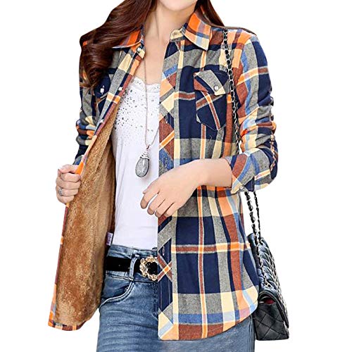 Minetom Kariert Hemd Damen Samt Warm Plaid Herbst Winter Langarm Jacke Gefüttert Plüsch Blusenshirt Hemdbluse Knöpfen Karo Blusen Stil H 38 von Minetom