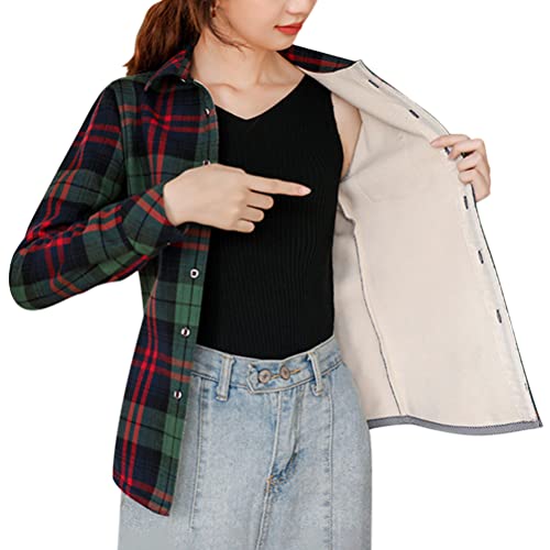 Minetom Kariert Hemd Damen Samt Warm Plaid Herbst Winter Langarm Jacke Gefüttert Plüsch Blusenshirt Hemdbluse Knöpfen Karo Blusen Stil Z Grün 42 von Minetom