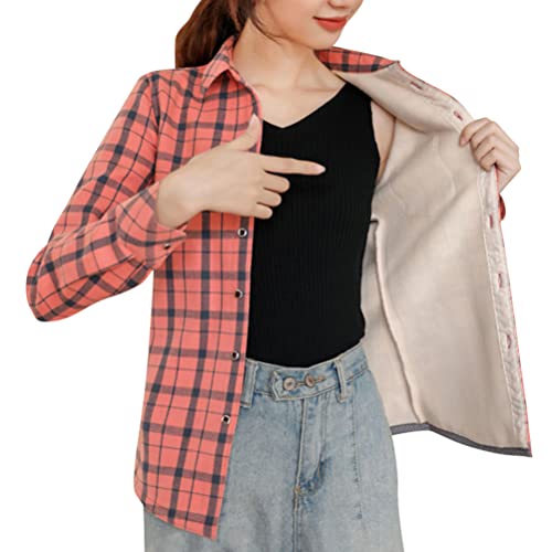 Minetom Kariert Hemd Damen Samt Warm Plaid Herbst Winter Langarm Jacke Gefüttert Plüsch Blusenshirt Hemdbluse Knöpfen Karo Blusen Stil Z Rosa 36 von Minetom