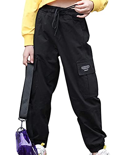 Minetom Kinder Mädchen Cargohose Kordelzug Jogginghose Sporthose Jogger Trainingshose Mit Taschen Hip Hop Tanz Streetwear A Schwarz 140 von Minetom