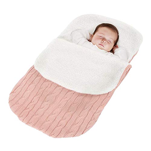 Minetom Kinderwagen Baby Schlafsack Stricken Winter Buggy Babyschale Winterfußsack Weich Warmes Plüsch Draussen Fußsack Babydecke Footmuff Rosa 38 * 68 cm von Minetom