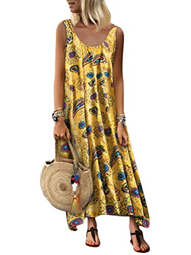 Minetom Kleid Damen Blumendruck Sommerkleid Ärmellos Lang Elegant Strandkleid Lässig Lose Böhmen Maxi Kleider A Gelb 50 von Minetom