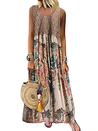 Minetom Kleid Damen Boho Blumendruck Sommerkleid Ärmellos Elegant Strandkleid Lässig Lose Böhmen Maxi Kleider Große Größen H Beige 46 von Minetom