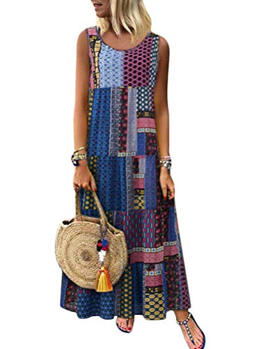 Minetom Kleid Damen Boho Blumendruck Sommerkleid Ärmellos Lang Elegant Strandkleid Lässig Lose Böhmen Maxi Kleider Große Größen B Blau 44 von Minetom