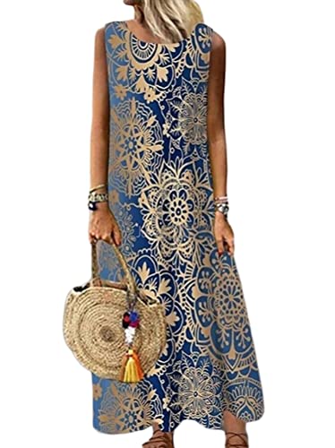 Minetom Kleid Damen Boho Blumendruck Sommerkleid Ärmellos Lang Elegant Strandkleid Lässig Lose Maxi Kleider Freizeitkleid Sommerkleid G Blau 4 XL von Minetom