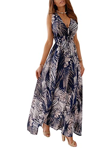 Minetom Kleid Damen Sommer V Ausschnitt Kleid Damen Sommerkleider Böhmisch Kleid Halfter Ärmellos Blumenkleid Strandkleid Lang Kleider MaxiKleid Cocktailkleid C Blau L von Minetom