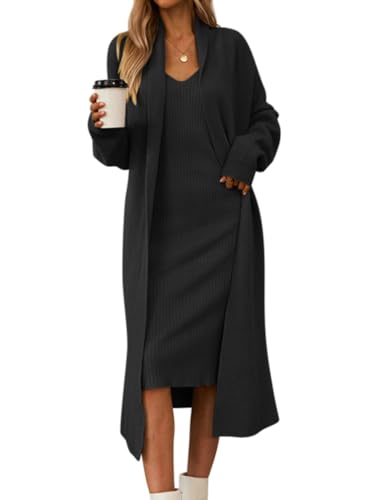 Minetom Kleid Zweiteiler Damen Kleid Mit Cardigan Set Elegant V-Ausschnitt Strickkleid Pullikleid Strickmantel Lange Jacke 2 Stück Party Outfits A1 Schwarz Einheitsgröße von Minetom
