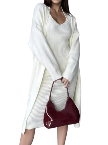 Minetom Kleid Zweiteiler Damen Kleid Mit Cardigan Set Elegant V-Ausschnitt Strickkleid Pullikleid Strickmantel Lange Jacke 2 Stück Party Outfits A2 Beige Einheitsgröße von Minetom