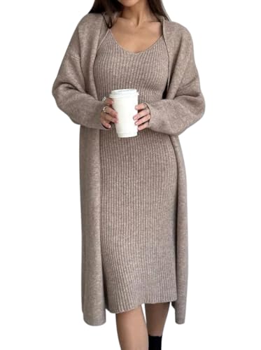 Minetom Kleid Zweiteiler Damen Kleid Mit Cardigan Set Elegant V-Ausschnitt Strickkleid Pullikleid Strickmantel Lange Jacke 2 Stück Party Outfits A2 Khaki Einheitsgröße von Minetom
