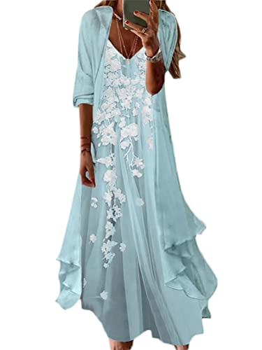 Minetom Kleider Damen Chiffon Blumen Drucken Sommerkleider Cocktailkleid Partykleid Brautjungfernkleider Für Hochzeit Maxi Abendkleider Ärmellos Vintage Damenkleider Tüll Cardigan A2 Hellblau XXL von Minetom