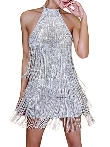 Minetom Kleider Damen Glitzer Minikleider Armellos Fransen V-Ausschnitt Rückenfreies Bodycon Partykleider Club Cocktailkleid Samba Tango Latein Tanzkleid C Silber M von Minetom