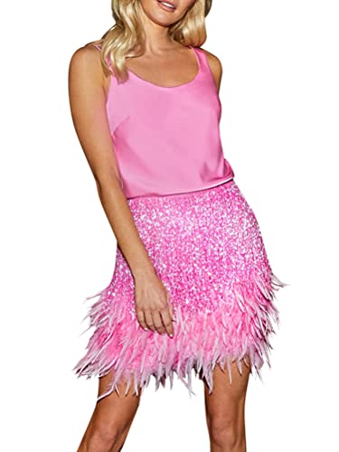 Minetom Kleider Damen Glitzer Minikleider Armellos Fransen V-Ausschnitt Rückenfreies Bodycon Partykleider Club Cocktailkleid Samba Tango Latein Tanzkleid D Rosa M von Minetom