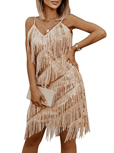 Minetom Kleider Damen Glitzer Minikleider Armellos Fransen V-Ausschnitt Rückenfreies Bodycon Partykleider Club Cocktailkleid Samba Tango Latein Tanzkleid F Gold L von Minetom