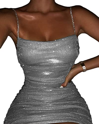 Minetom Kleider Damen Glitzer Minikleider Elegant Rückenfreies Bodycon Kleid Spaghetti Strap Stretchy Partykleider A Silber M von Minetom