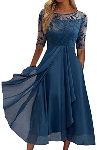 Minetom Kleider Damen Spitzenkleid Chiffon Cocktailkleid Festliches Ballkleid Brautjungfernkleider Für Hochzeit Midi Abendkleider B Blau XL von Minetom