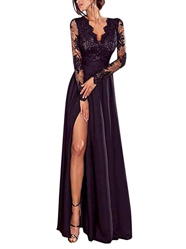 Minetom Kleider Damen V-Ausschnitt Langarm Abendkleider Elegant Spitze Cocktailkleid Maxikleid Lang Partykleid Ballkleid Festkleid (36, Schwarz) von Minetom