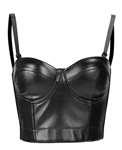 Minetom Kunstleder Crop Top Damen Leder-Optik Bustier Korsett Bauchfrei Wetlook Shirts Kurz Sexy Tanktop Spaghetti BH Top Oberteile C Schwarz L von Minetom