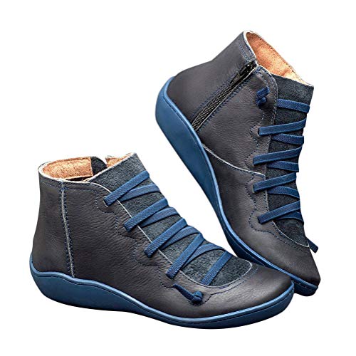 Minetom Kunstleder Stiefeletten Herbst Vintage Schnürschuhe Damen Bequeme Flache Fersenstiefel Reißverschluss Kurzer Boot A Blau 40 EU von Minetom