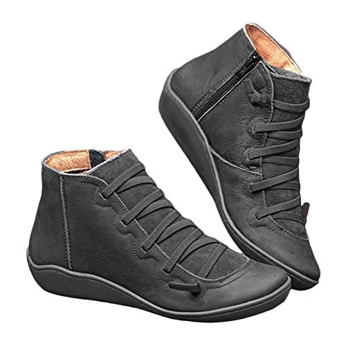 Minetom Kunstleder Stiefeletten Herbst Vintage Schnürschuhe Damen Bequeme Flache Fersenstiefel Reißverschluss Kurzer Boot A Grau 40 EU von Minetom
