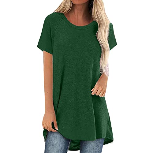 Minetom Kurzarm Tunika Damen Casual Lose Rundhals T-Shirt mit Einfarbig O-Ausschnitt für Frauen Lockere Blusen Oberteile Damen Sommer Elegant Langen Shirt Longshirt Grün XXL von Minetom