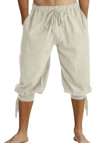 Minetom Kurze Hosen Herren Pluderhose Mit Schnürung Sommerhose Pirat Mittelalter Kostüm Freizeit Strand Shorts A Beige M von Minetom