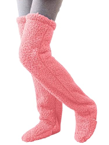 Minetom Kuschelsocken Damen Korallen Plüsch Overknee Socken Modisch Innen Hausschuhe Bodenschuhe Warm Haussocken Bequem Weich Stiefel A Rosa 75 CM One Size von Minetom