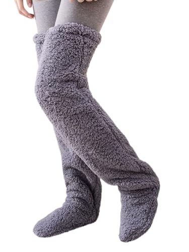 Minetom Kuschelsocken Damen Korallen Plüsch Overknee Socken Modisch Innen Hausschuhe Bodenschuhe Warm Haussocken Bequem Weich Stiefel B Grau 90 CM One Size von Minetom