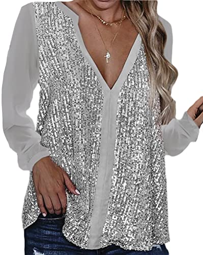 Minetom Langarmshirt Damen Glänzend Pailletten T-Shirt Langarm Blusen V-Ausschnitt Lose Oversize Shirt Casual Oberteile Top B Grau L von Minetom