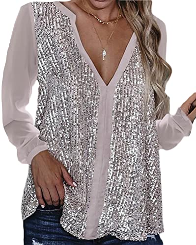 Minetom Langarmshirt Damen Glänzend Pailletten T-Shirt Langarm Blusen V-Ausschnitt Lose Oversize Shirt Casual Oberteile Top B Rosa L von Minetom